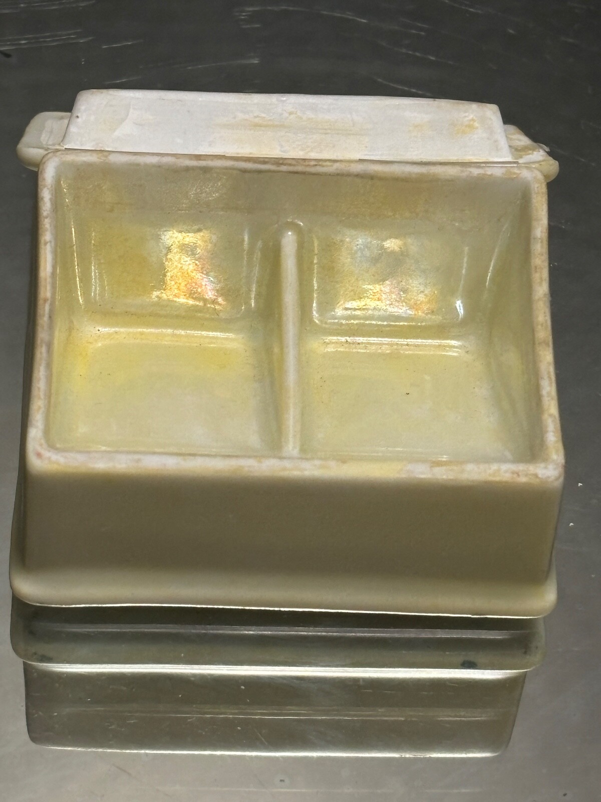 RS Germany Porcelain Stamp Box Vintage Hand Pntd Lid Signed Iridescent Interior