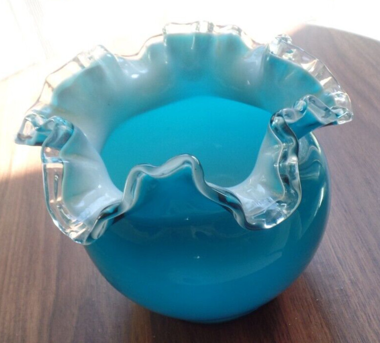 Rare Fenton Teal Art Glass Vase with Ruffled Silver Crest Rim White Lining