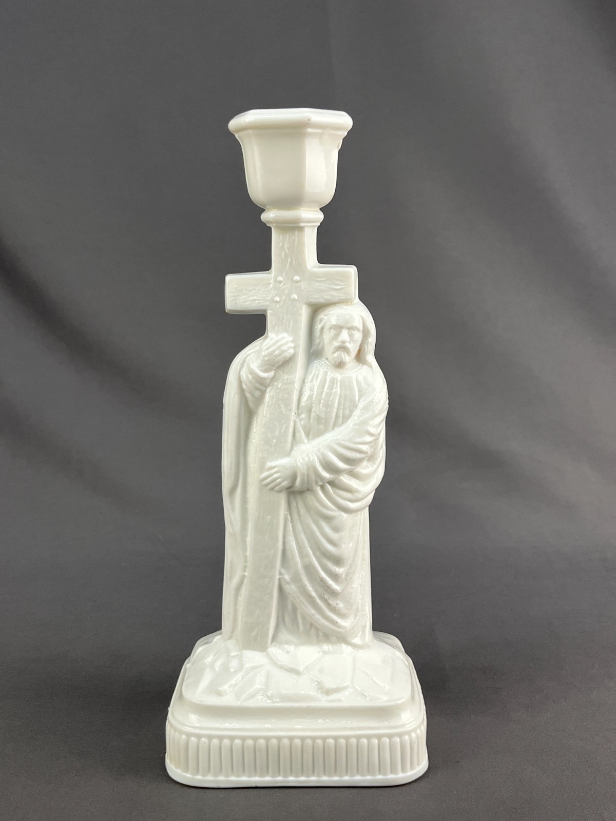 Rare Antique EAPG Challinor, Taylor Milk Glass Jesus at Calvary 10.5 Candlestick