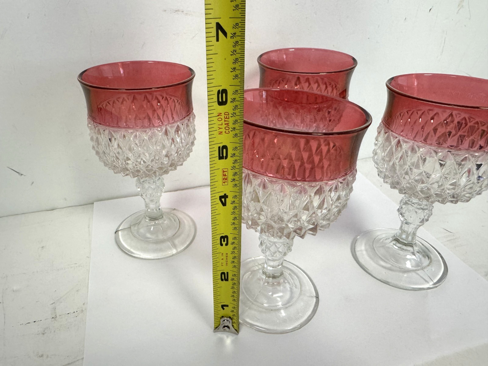 x4 LOT Vtg Indiana Glass Diamond Point Footed Goblets w/Cranberry Flash.