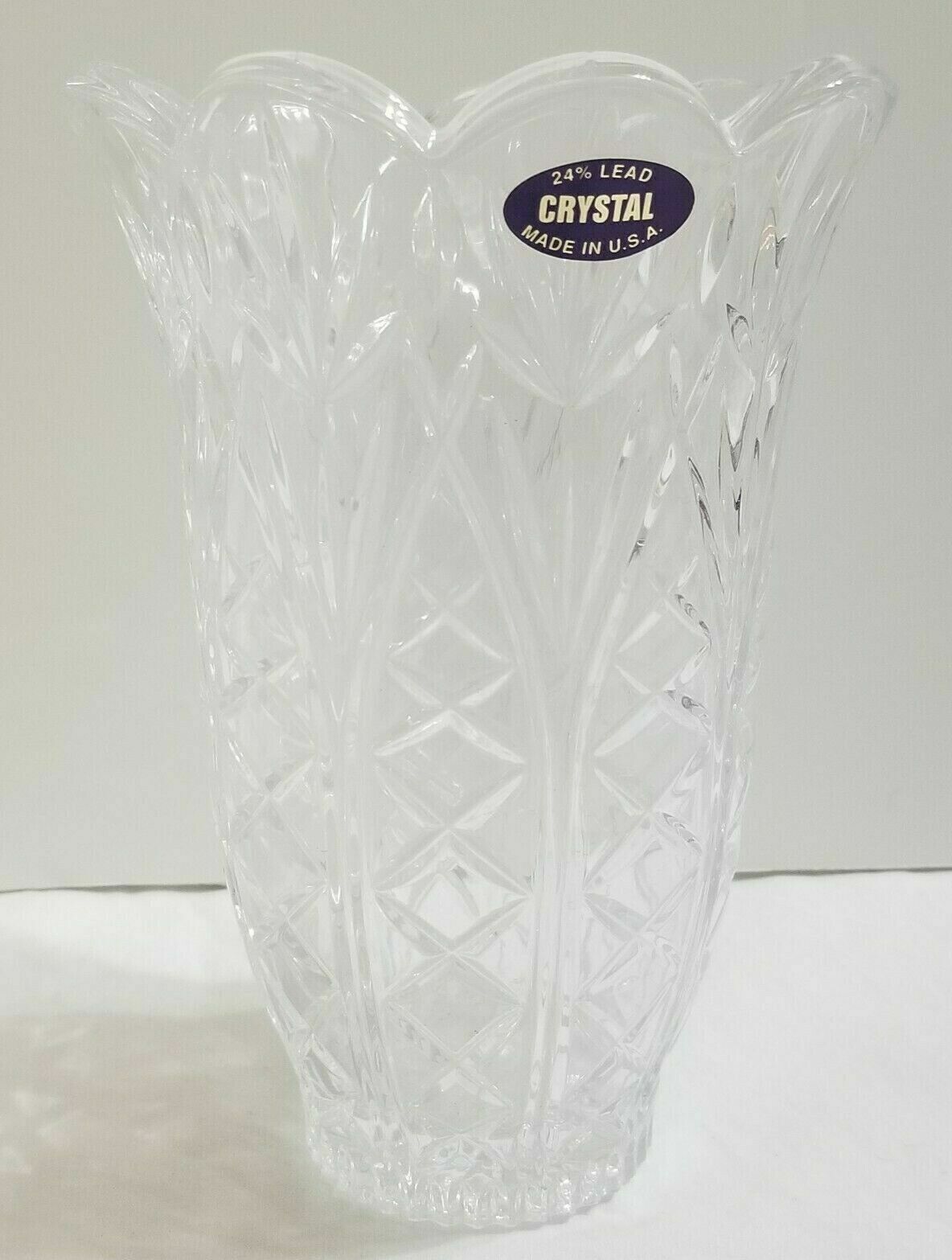 Vase 24% Lead Crystal 7″ Clear Scalloped Top Beautiful Detailed Made in USA -M