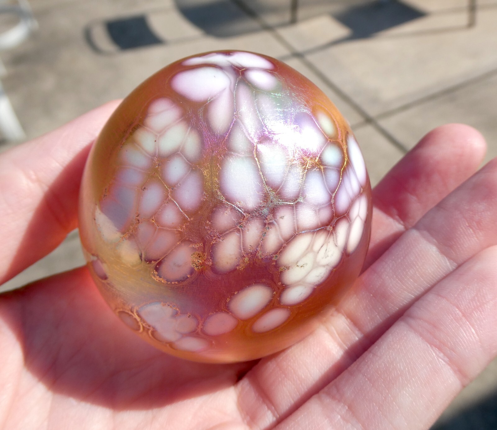 Handmade Art Glass Oval Paperweight Pale Pink Iridescent Onion Skin Unsigned