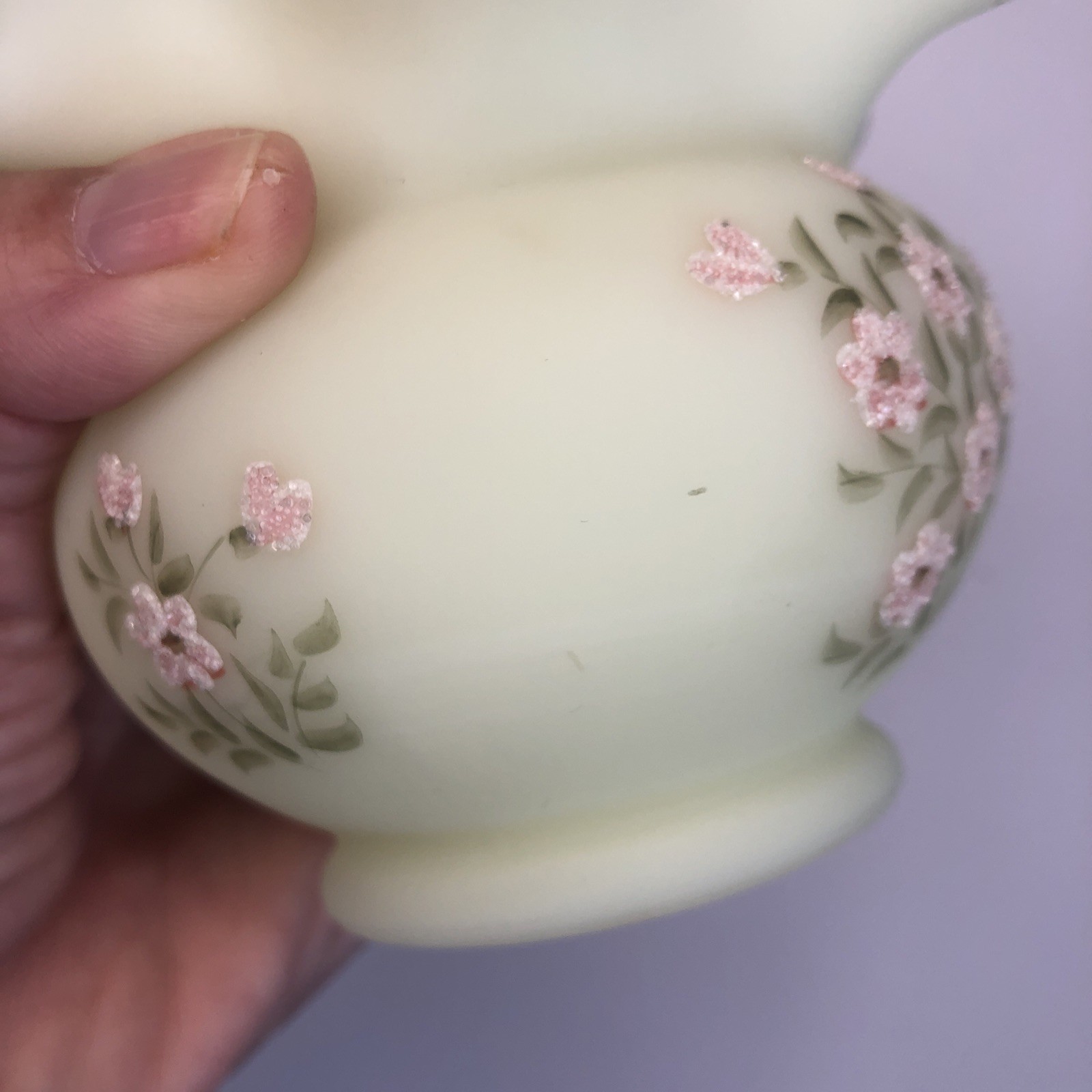 Fenton Custard Satin URANIUM Vase Ruffled Edge 4″ SIGNED Susie Johnson GLOWS