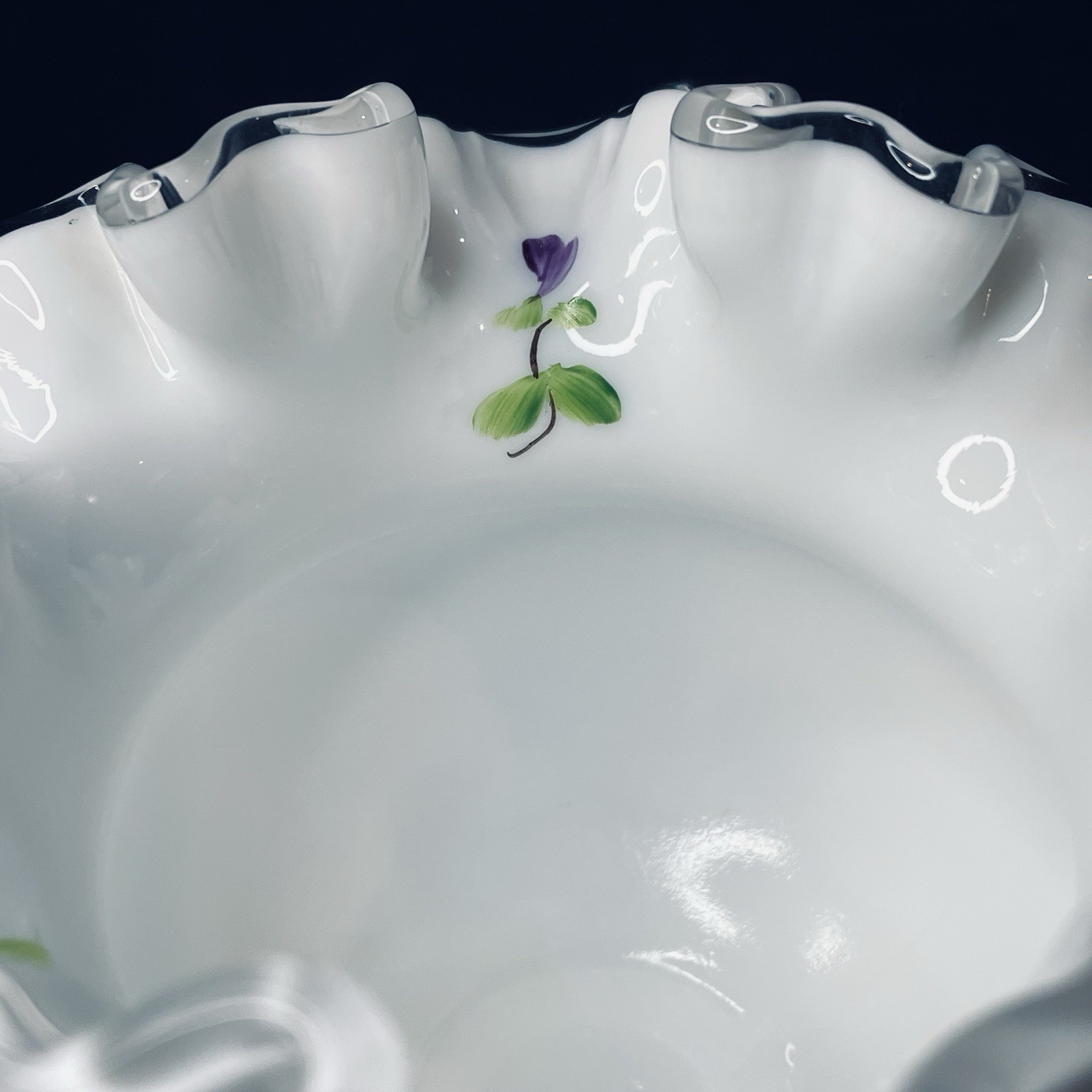 Vtg Fenton HP Silver Crest VIOLETS IN SNOW Rose Bowl Vase Signed Nancy Gribble