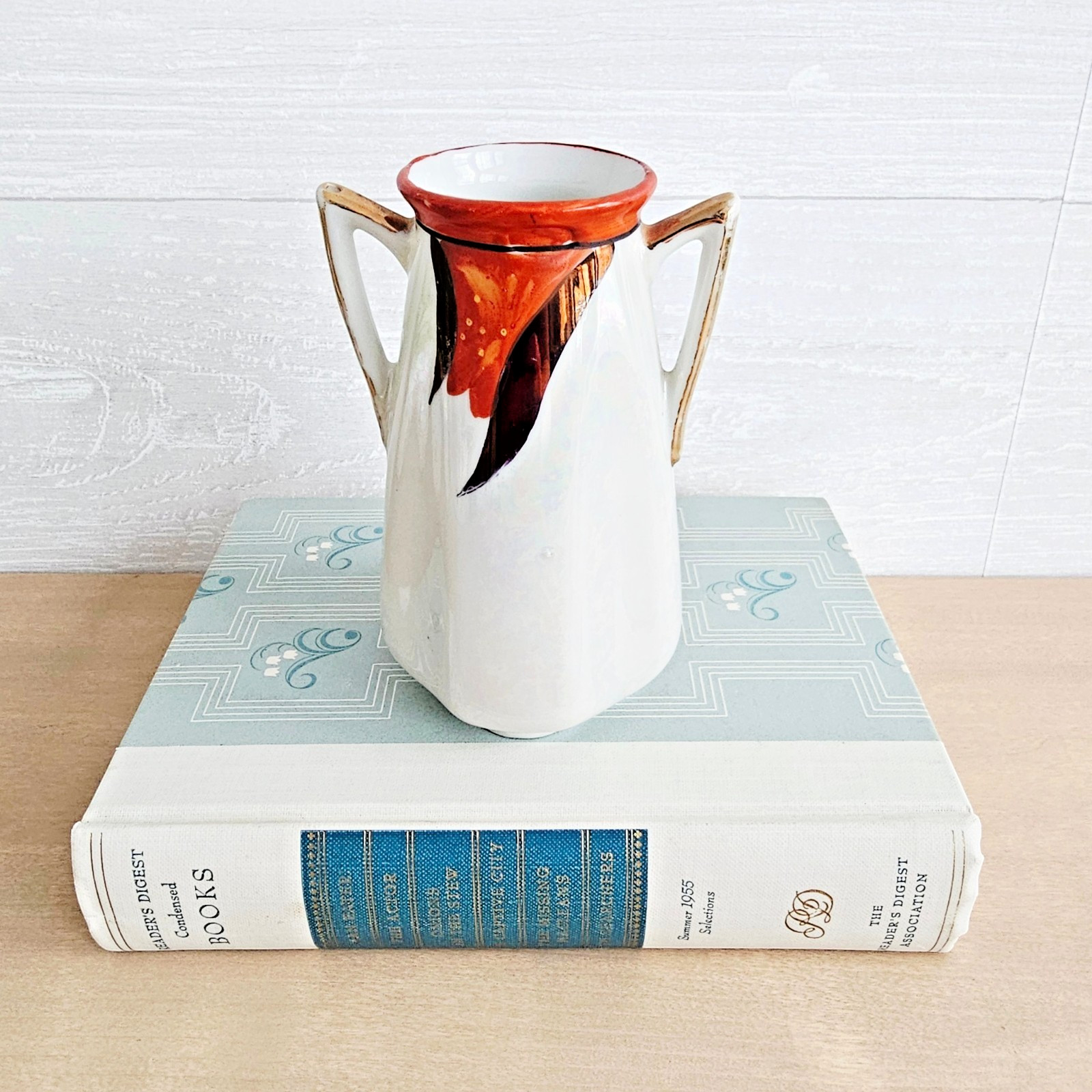 Vintage Hand-Painted Art Deco Vase Lusterware Glaze Floral Carnation Orange