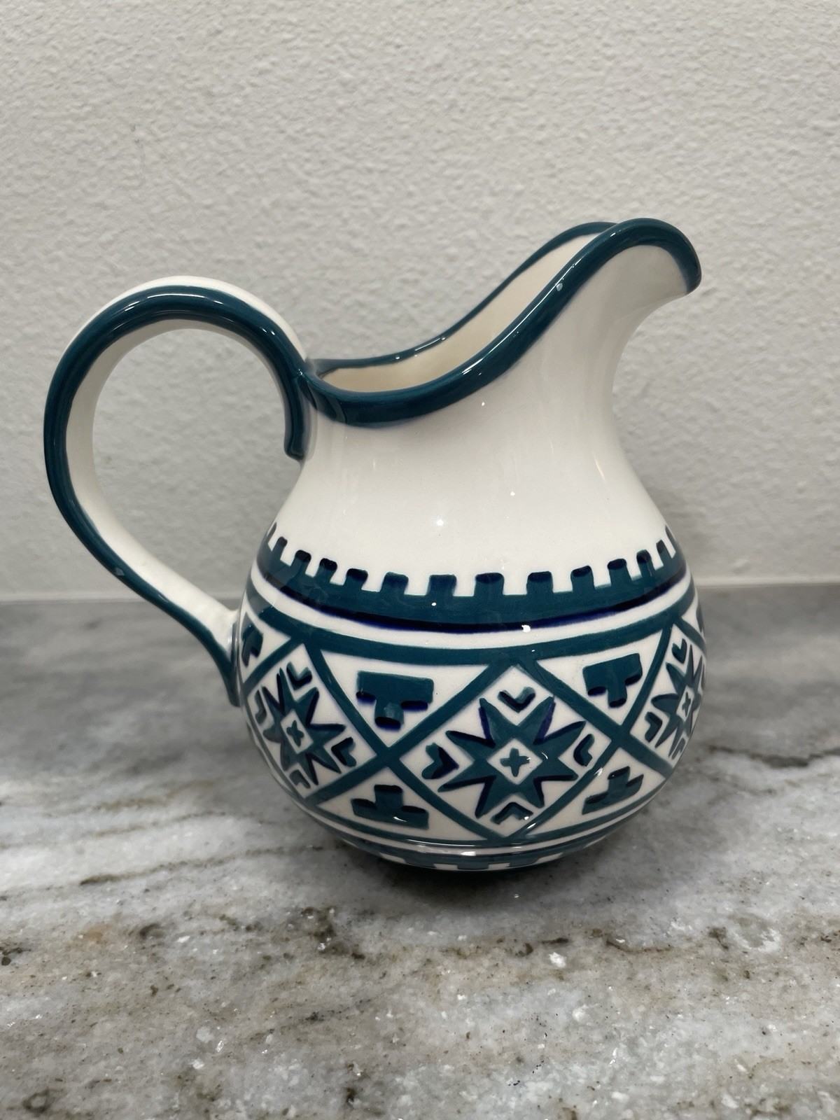 Vintage Hand Painted Ukrainian Folk Art Pottery Pitcher Vase Geometric M.W.