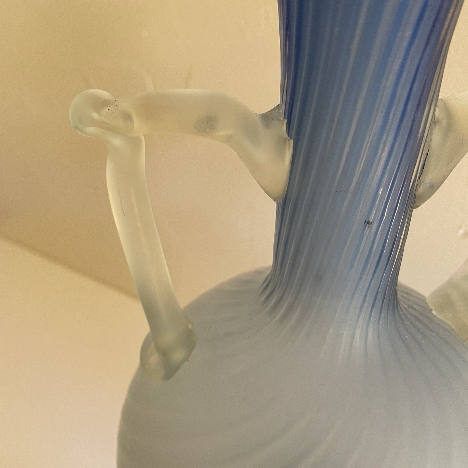 Hand Blown Vintage Satin Art Glass Vase Two Toned Blue 11.5” Frosted 2 Handles