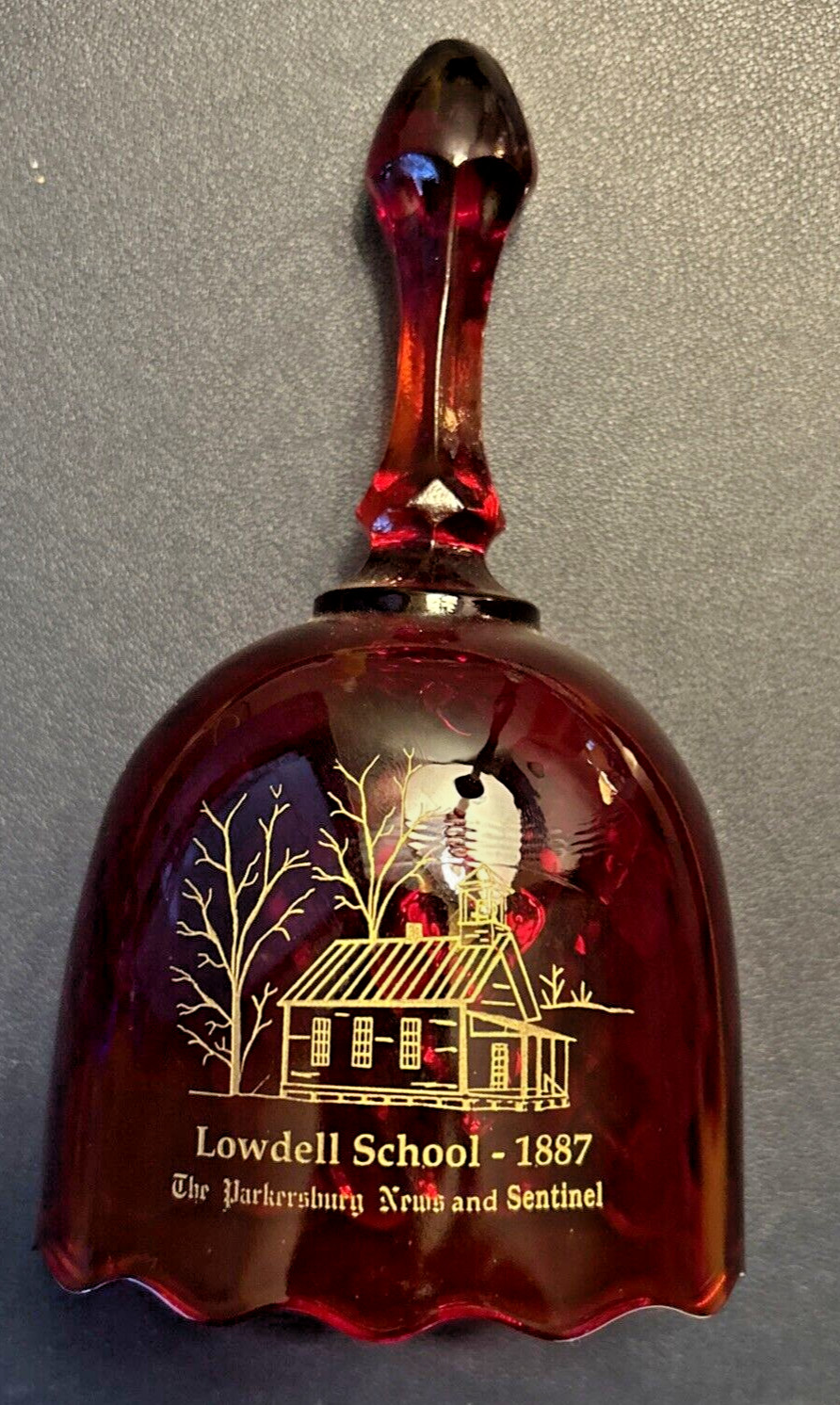 Fenton Art Glass bell Lowdell School, one room 1887 Wood County WV Parkersburg