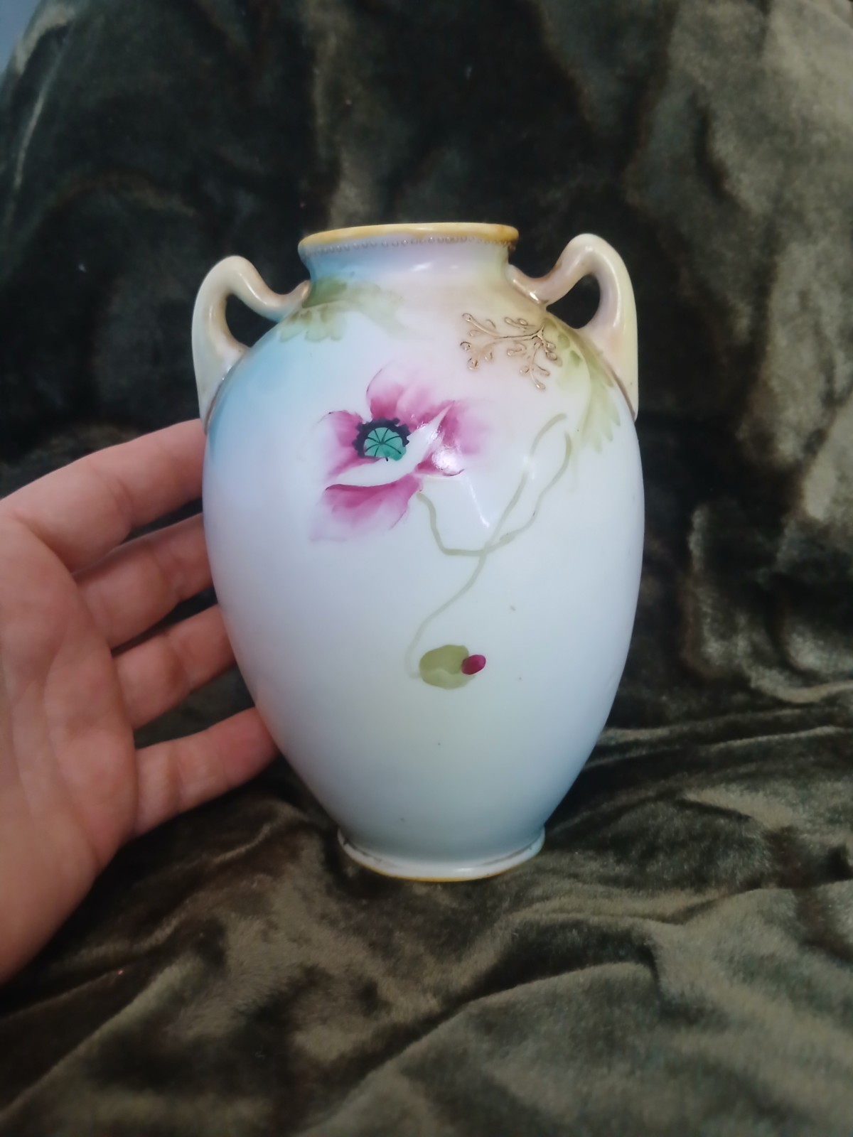 Nippon Hand Painted Vase Double Handled Floral Flowers Gilt Wild Rose 6”