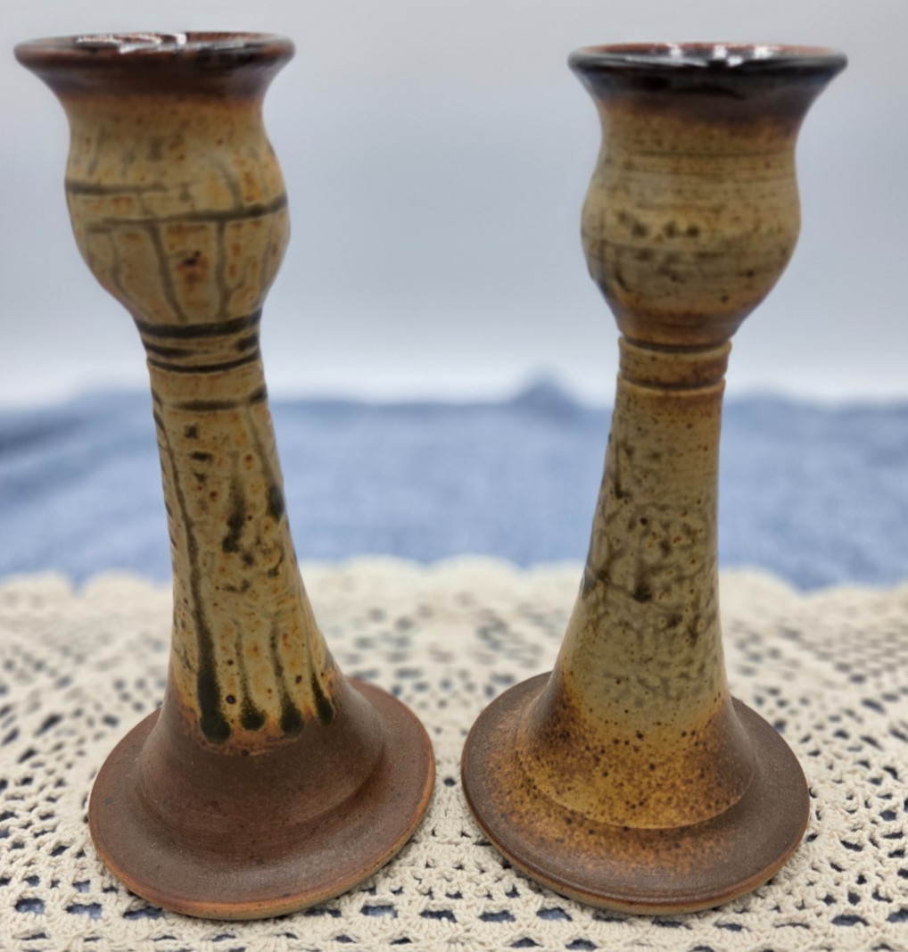 Vintage Studio Art Pottery Candlesticks Pair Earthy Stoneware Signed Ray 7 5/8″