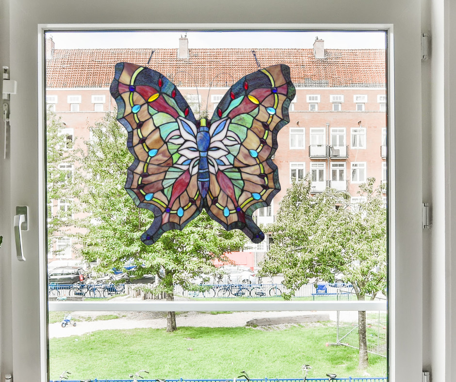 Tiffany Style Stained Glass Butterfly Window Panel Suncatcher 22″ Handcrafted