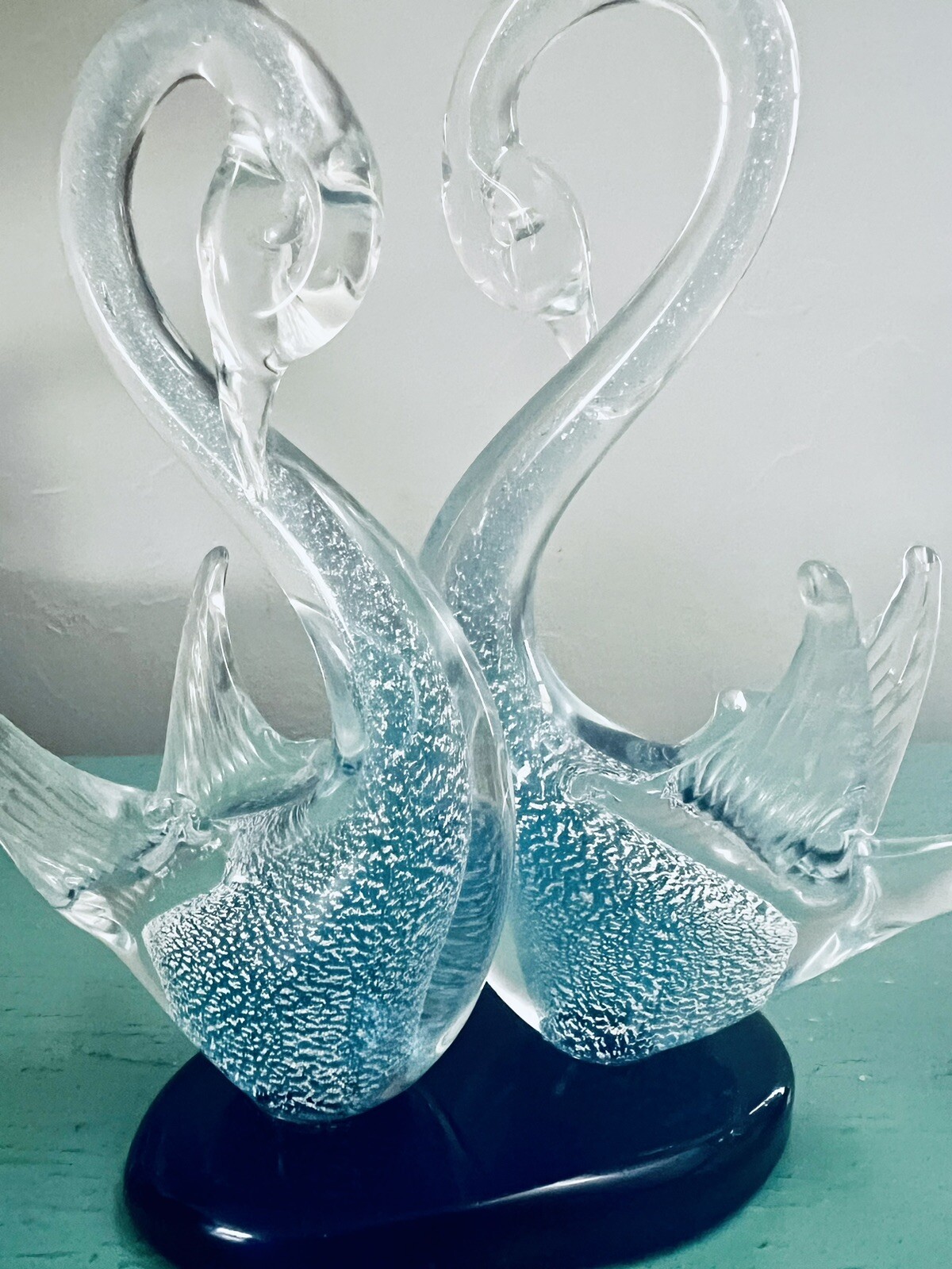 2 Rare MURANO Italy Art Glass Pair of Swans Blue Silver Figurine Heart Love