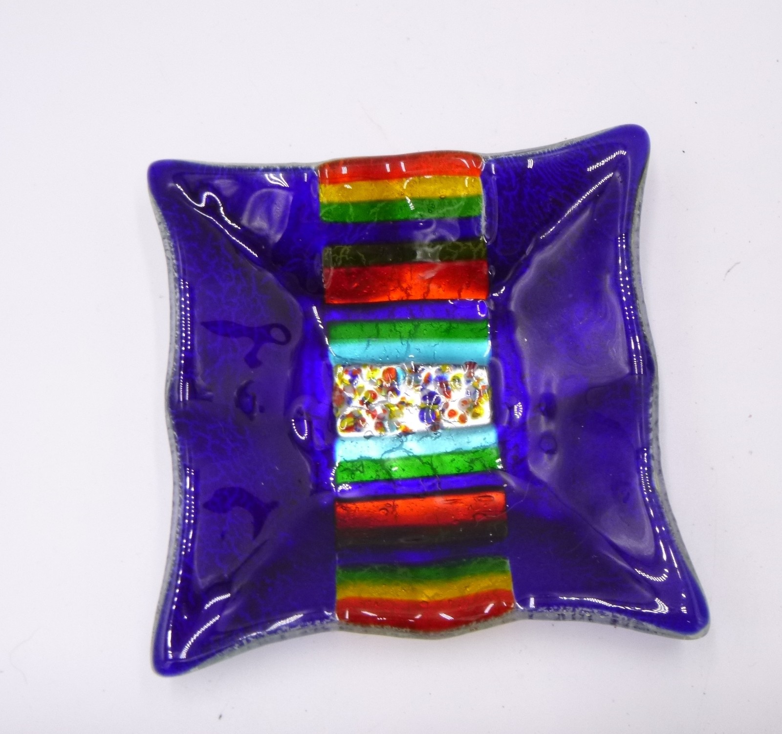 Fused Art glass Ashtray 4″ x 4″ Trinket Dish tray blue green red
