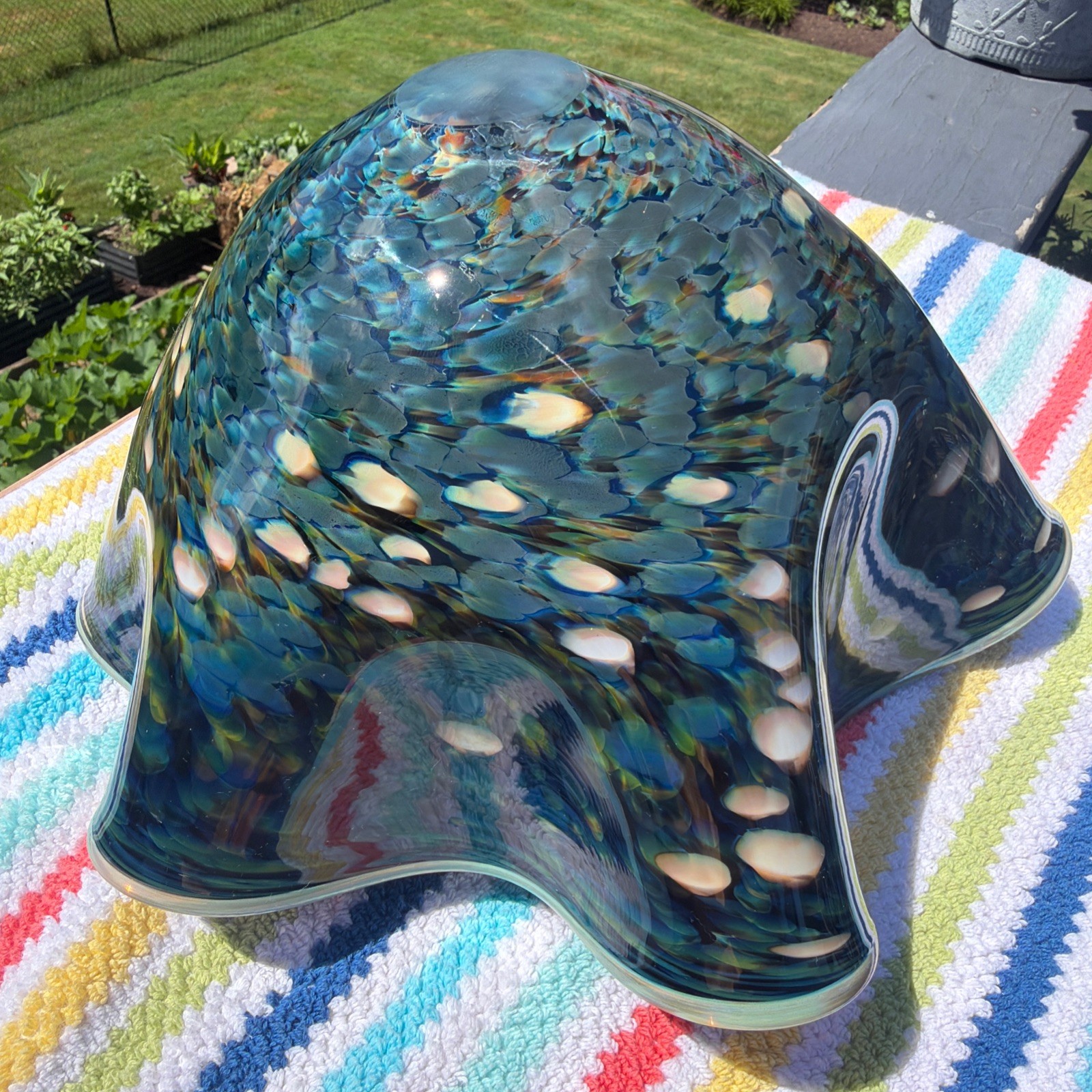 12” Large Possible Robert Eickholt Agate Glass Handkerchief Vase Bowl Ocean Blue