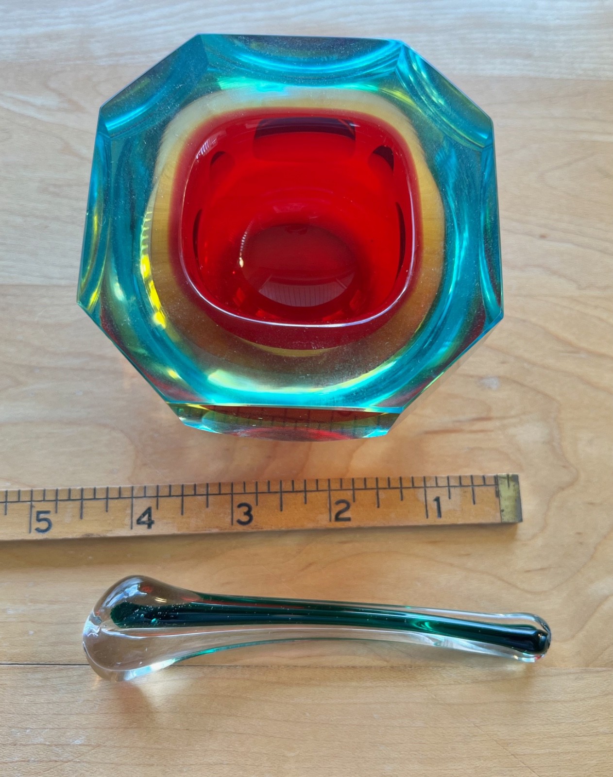 VINTAGE Faceted Red Murano Diamond Cut Glass Bowl