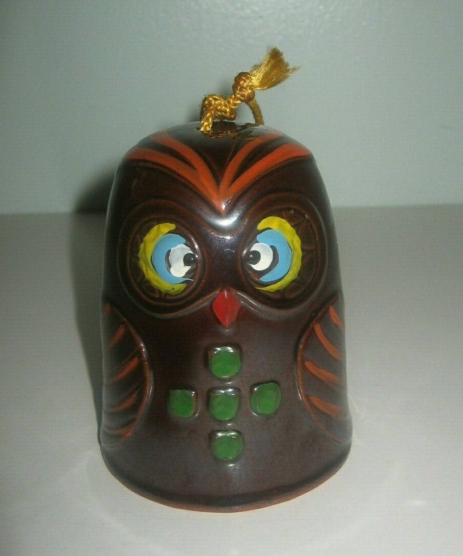 Mid Century Art Pottery Retro Hand Painted Owl Wind Chime/Bell 1960’s
