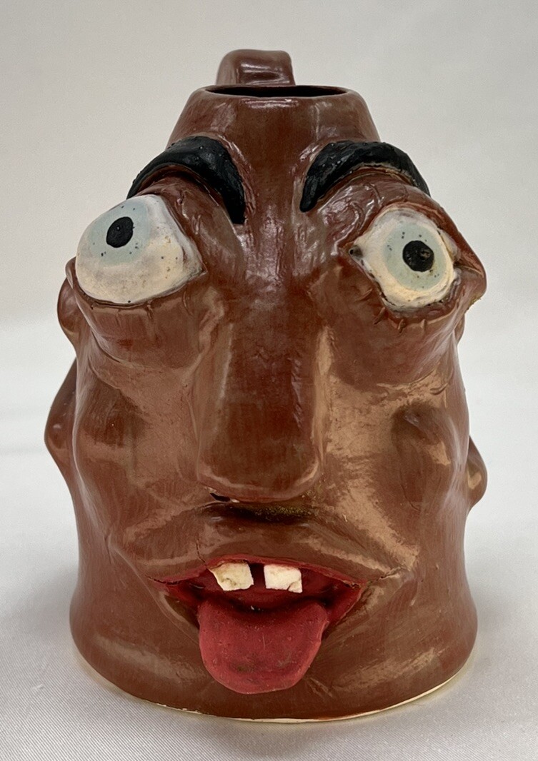 Vintage Face Head Jug Vase Mug Folk Pottery Devil Tongue Lips Teeth Eyes OOAK