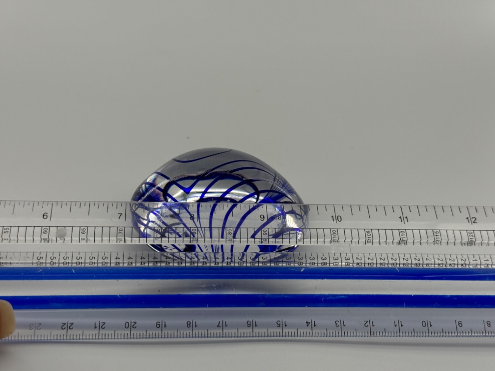 Clear and Cobalt Blue Swirl Art Glass round Shaped Hand blown Paperweight 2.5”