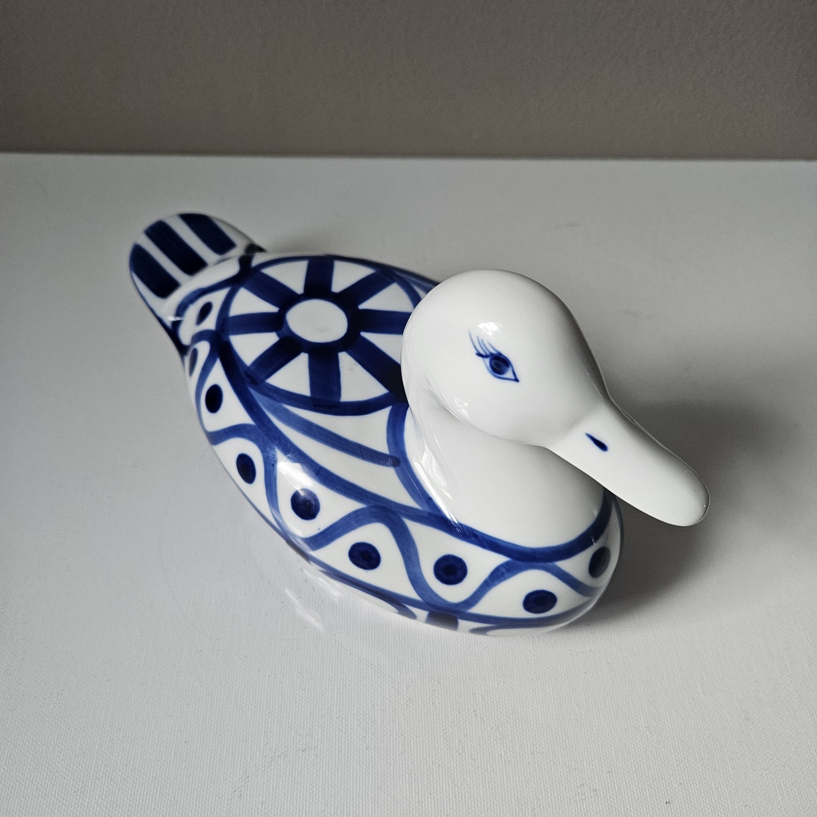 Dansk Arebesque Duck Cobalt Blue And White Porcelain Duck Figurine Decor 9″