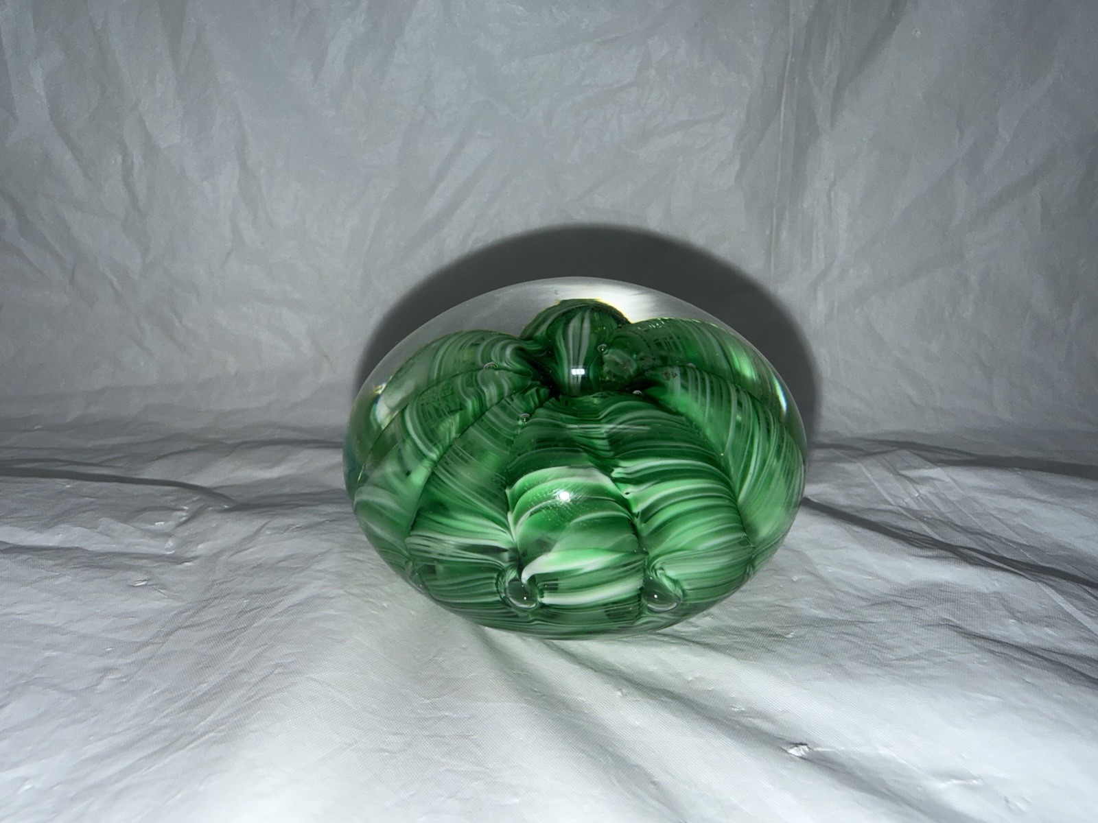 Vintage Joe St. Clair Green White Ribbon Swirl Paperweight