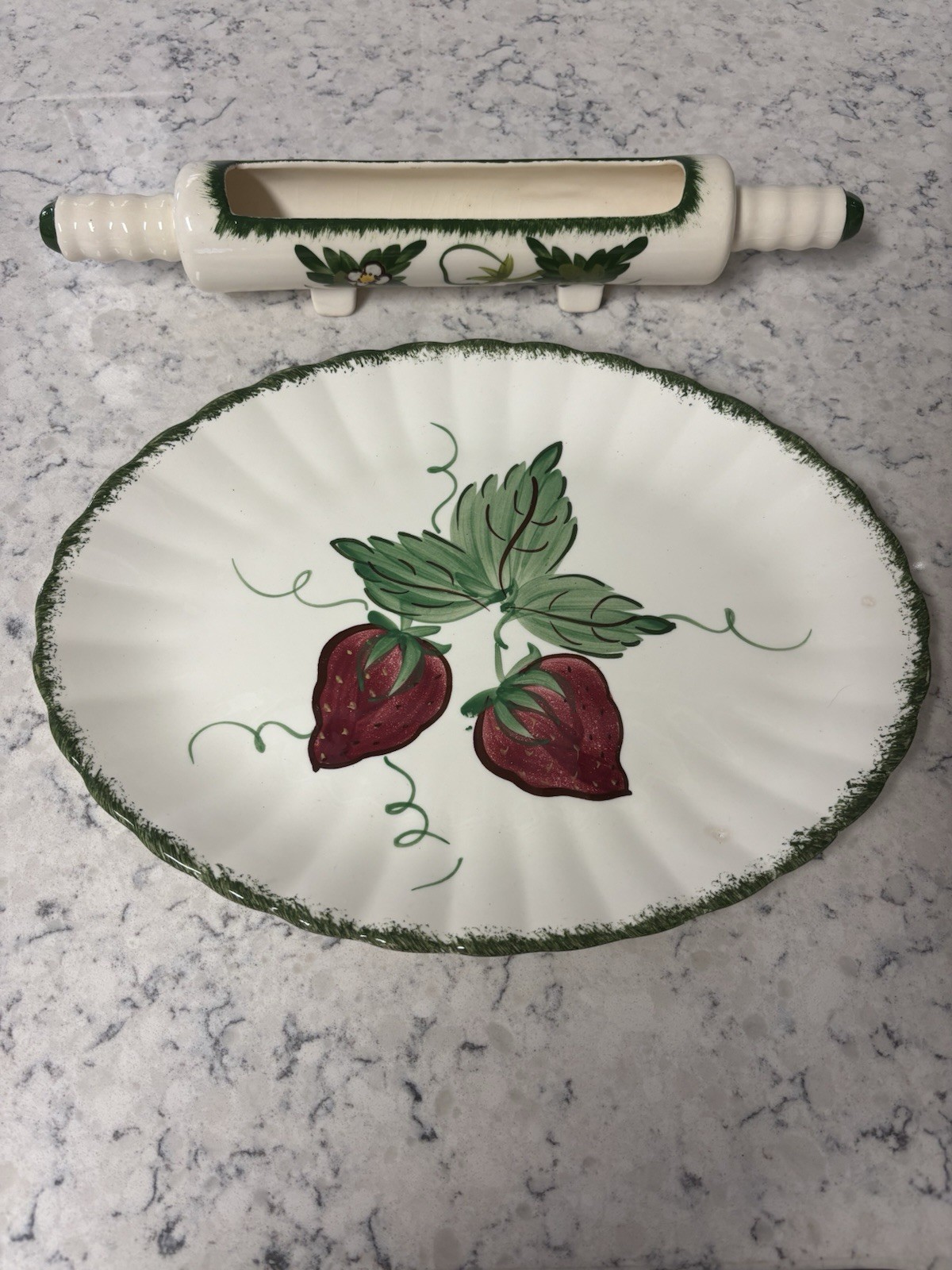 Hand-painted Blue Ridge Pottery Wild Strawberry platter and rolling pin planter.