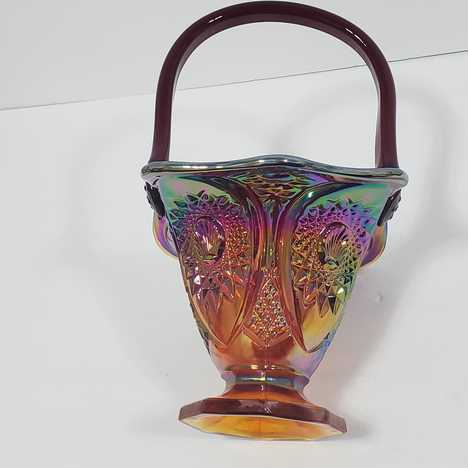 Vintage Carnival Glass Basket Amberina Red Iridescent Ruffled Starburst 10.5 in