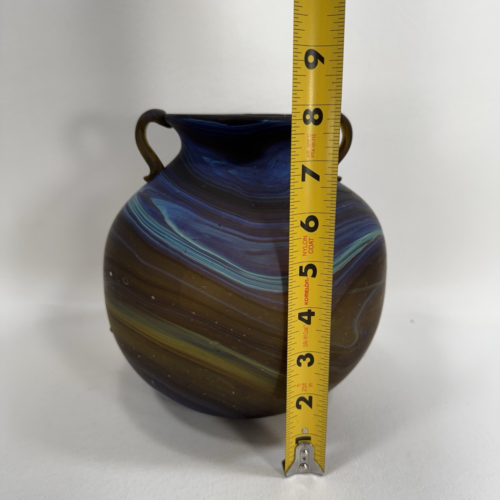 Phoenician Style Handblown Recycled Glass 7.75″ Vase Blue / Brown Swirl