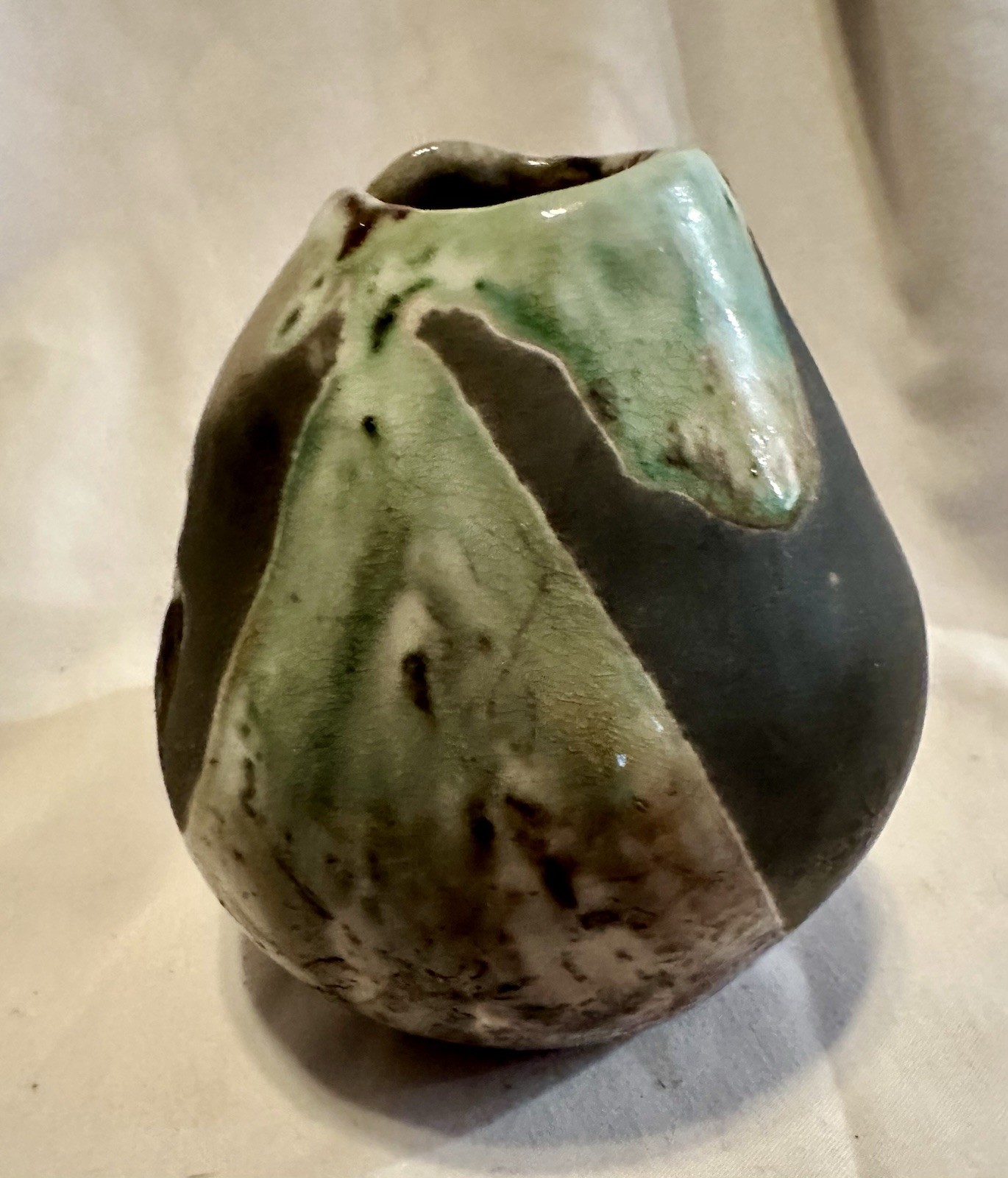 Studio Art Drip Glaze Green Brown Cream On Black Clay Ceramic Primative Etched