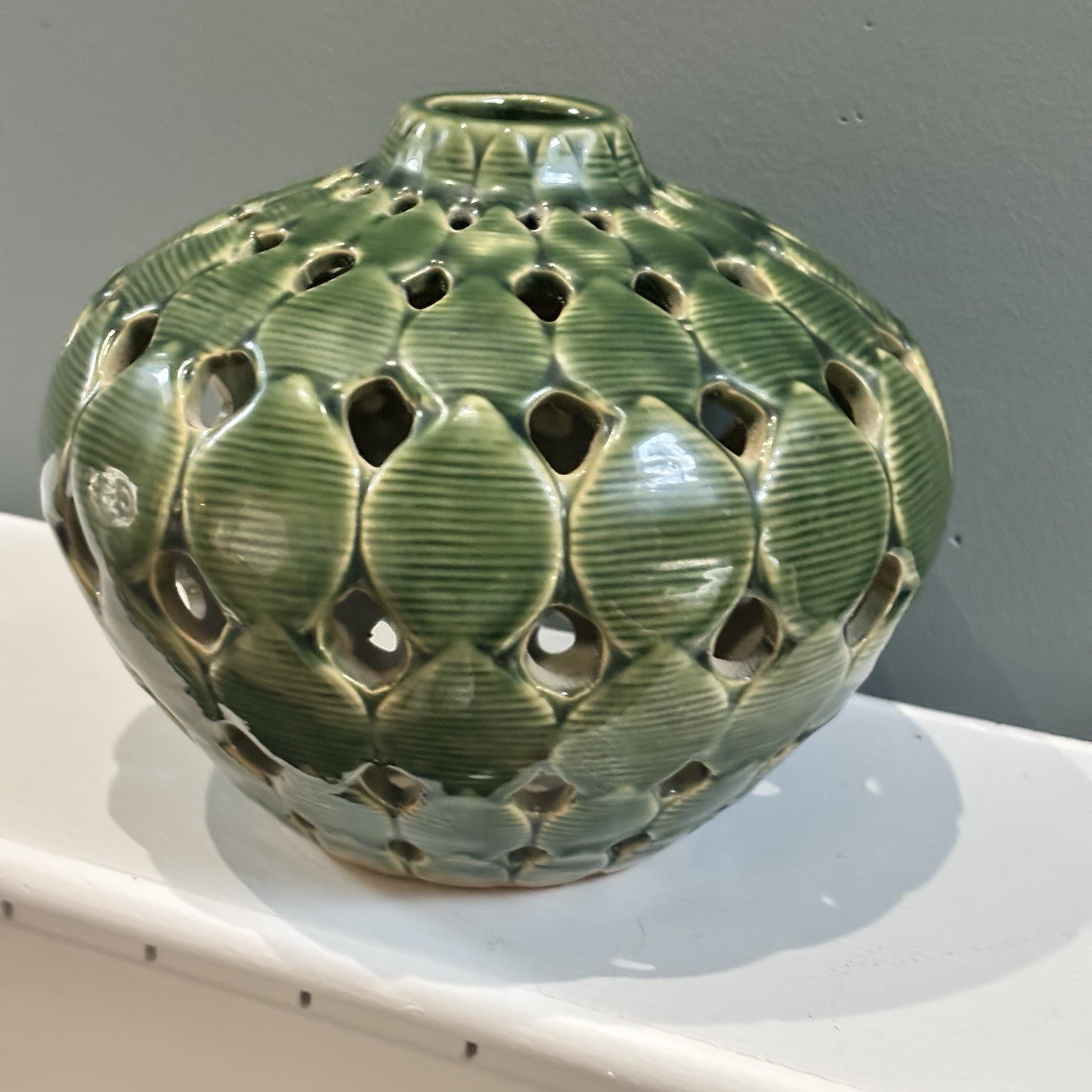 Vintage Green Leaf Reticulated Textured Vase 6.5” Tall, 8” Wide