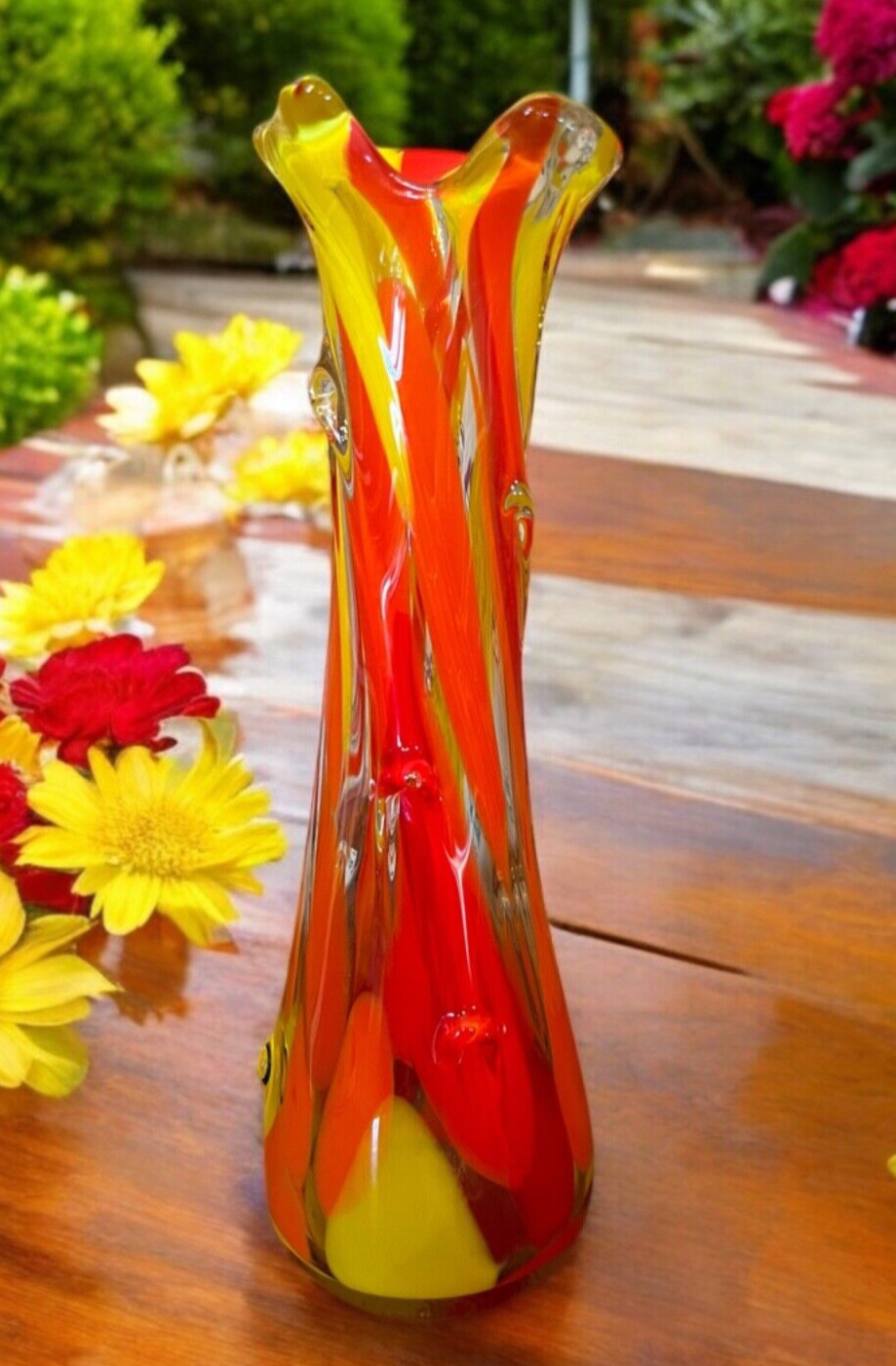 Vintage 1970’s Tall Murano Glass Orange And Yellow Swung Vase