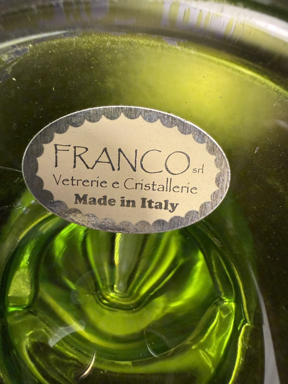 MCM Franco Vetrerie e Cristallerie hand-blown green glass candlestick Italy 9.5”