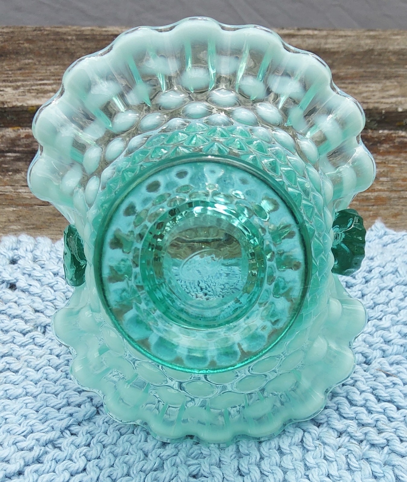 Fenton Glass Blue Opalescent Hobnail 6″ Basket Ruffled Edge Vintage