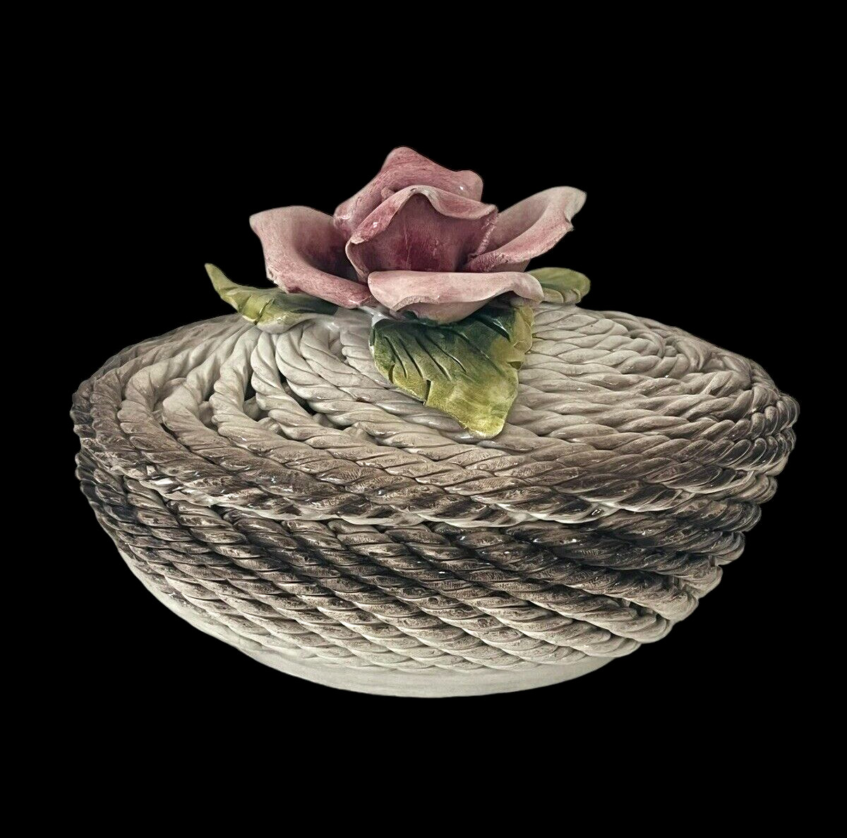 Vintage Capodimonte Italy Porcelain Woven Basket Rose Trinket Jewelry Box 6″