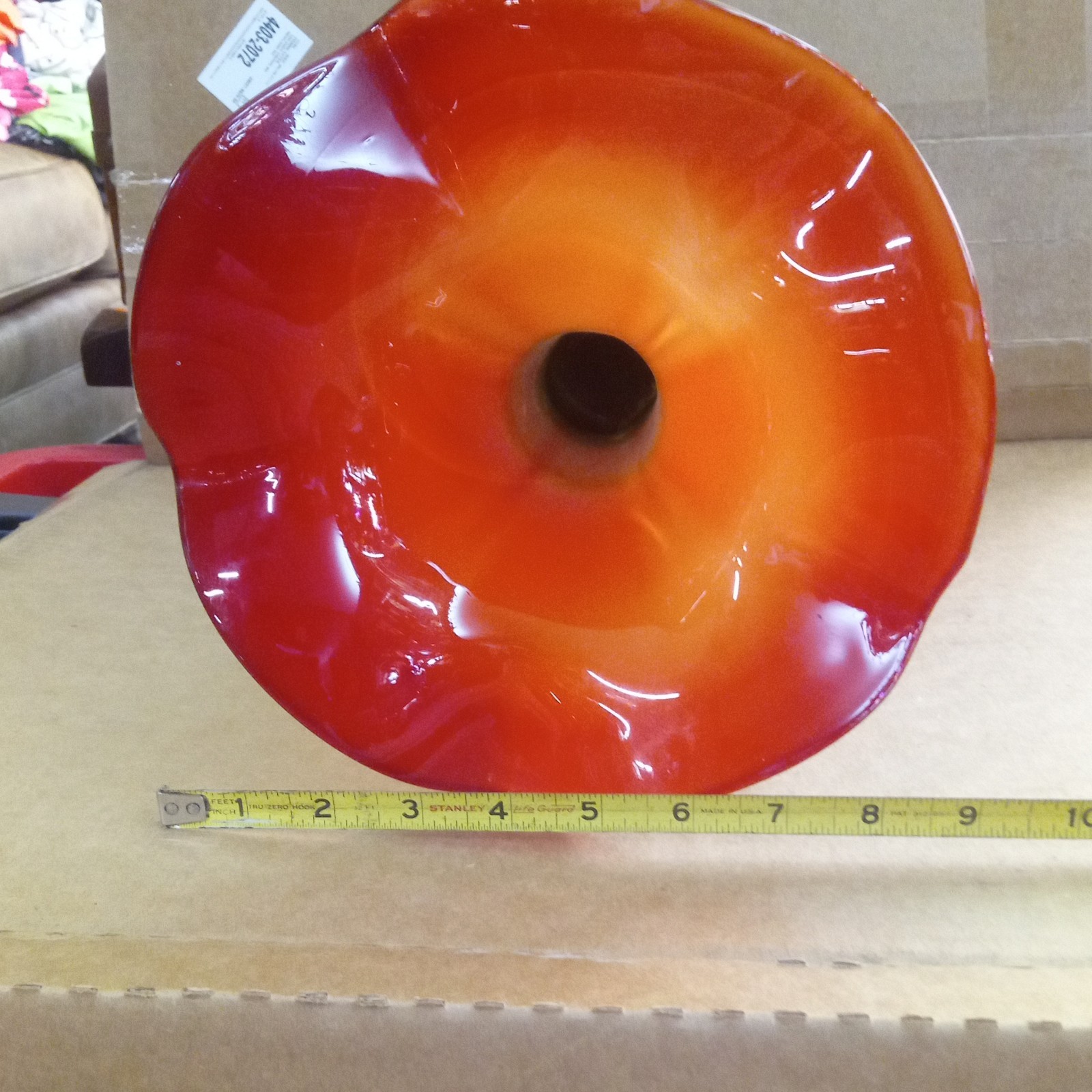 Hand Blown Art Glass Trumpet Vase Ombre Green White Orange Red Glossy Finish