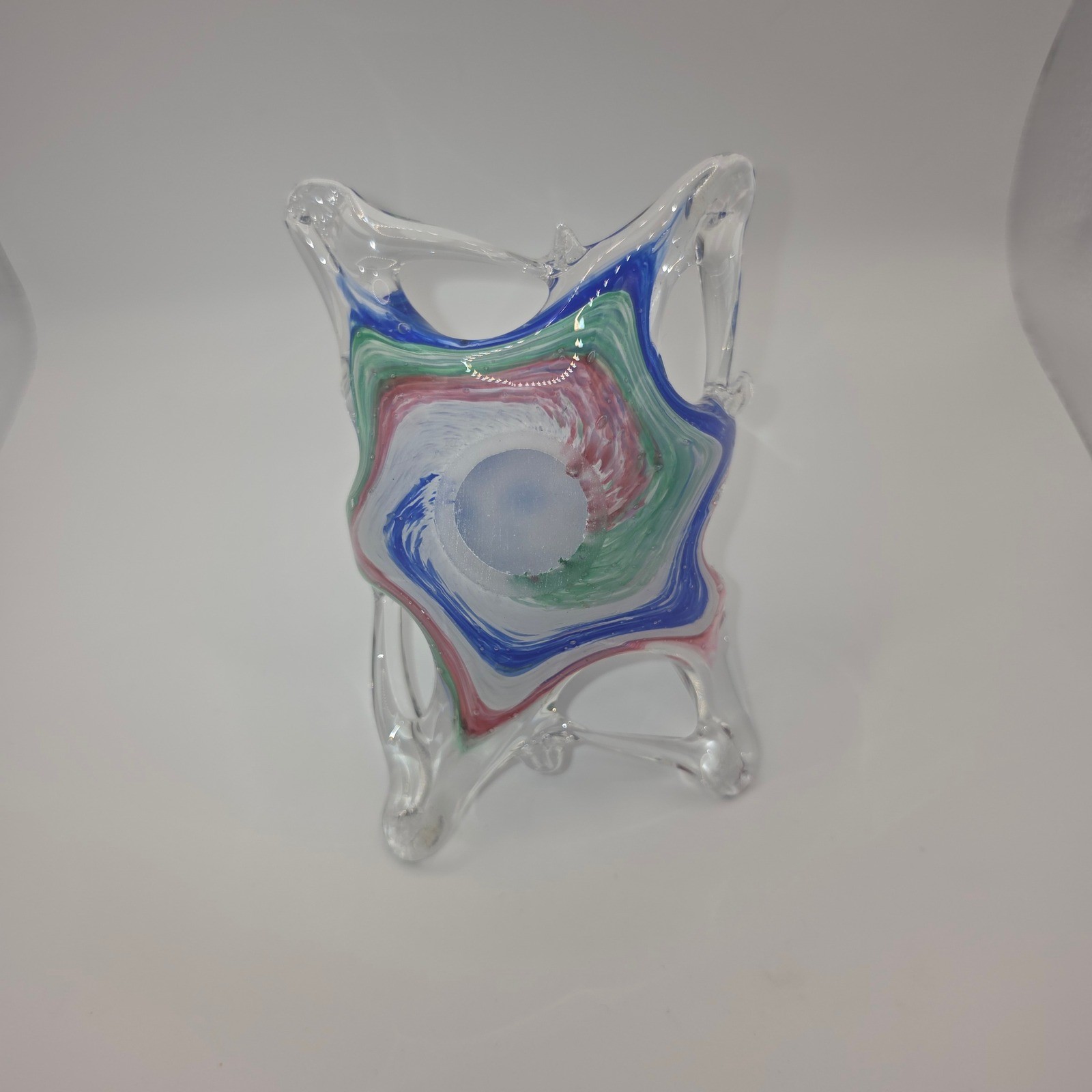 Vintage Hand Blown Art Glass Basket Blue Green Red Swirl Murano Style MCM Decor