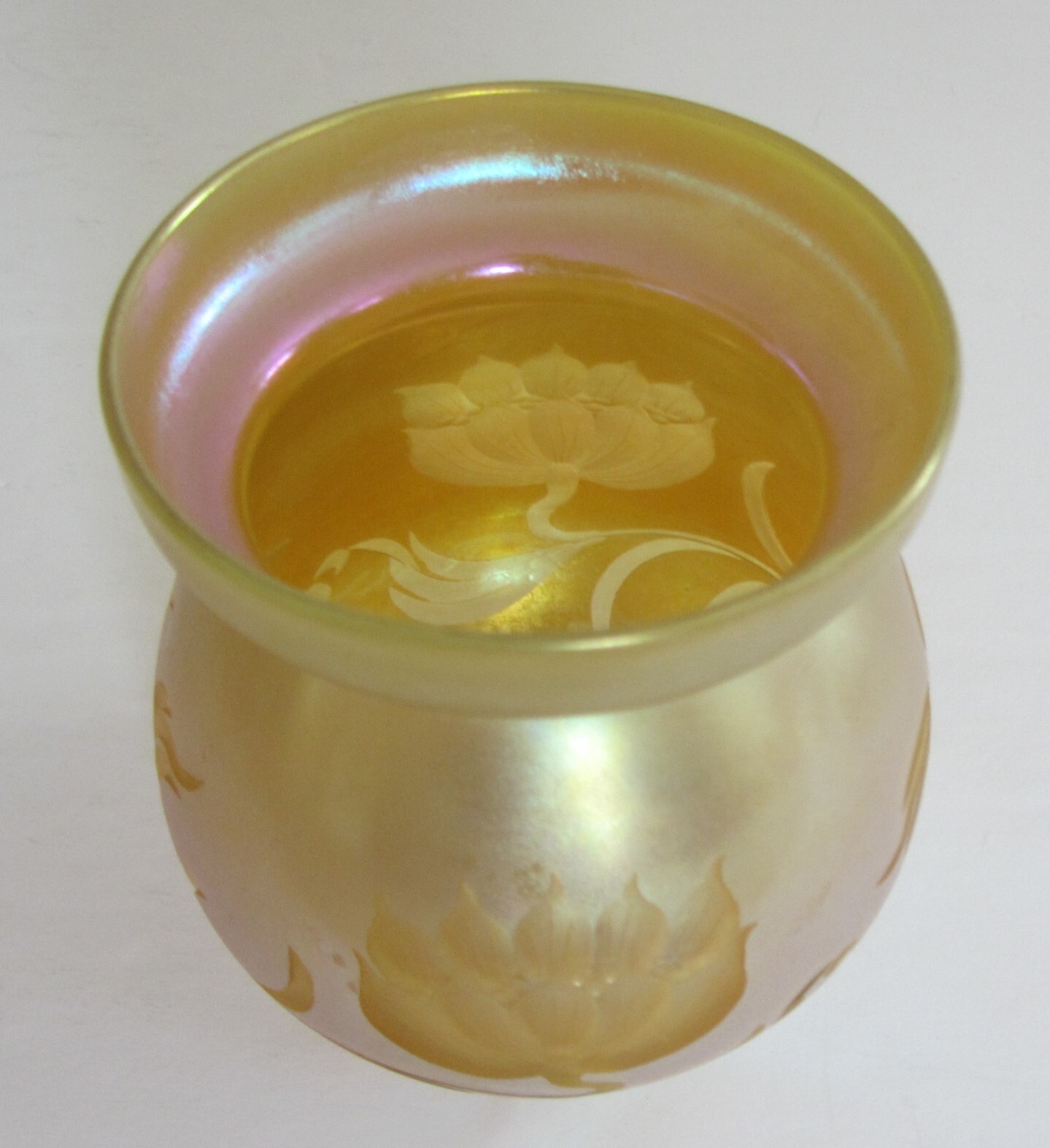 ANTIQUE SIGNED AURENE SUGAR POT w/ETCHED FLOWERS & BRANCHES~NO LID~EXCELLENT
