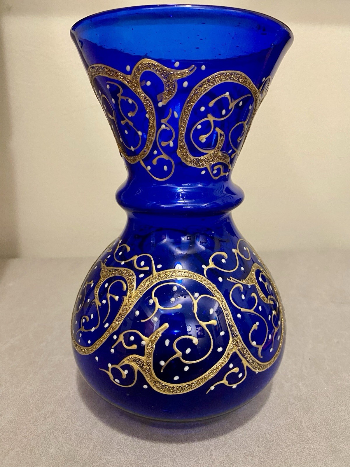 VINTAGE HAND BLOWN BUD VASE SAPPHIRE BLUE GOLD & SILVER RAISED ENCRUSTED SWIRLS