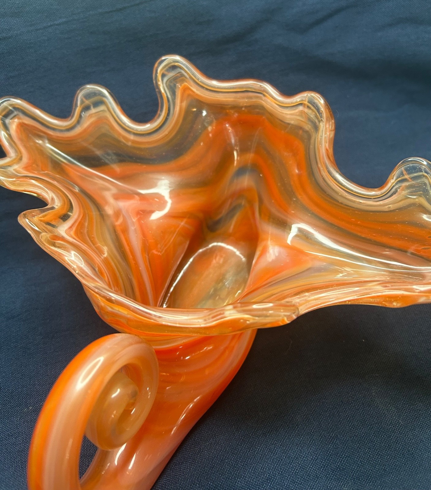 Vintage Orange Mid-Century Hand Blown Art Murano Cornucopia Flower with Swirl