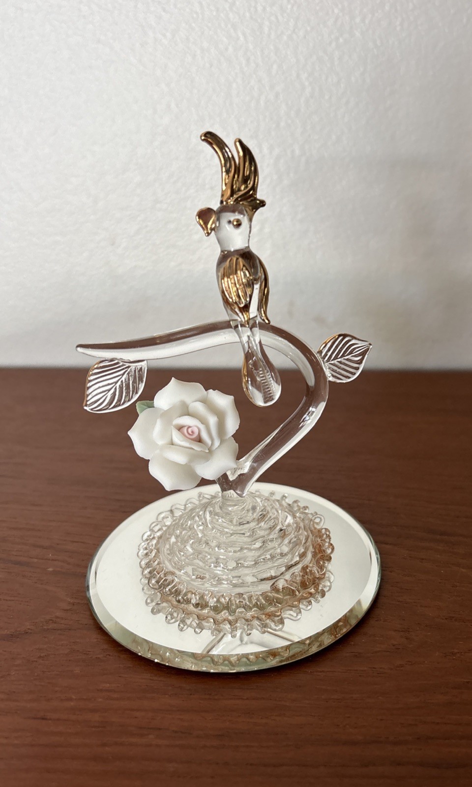 Hand Spun Glass Parrot Figurine With White Porcelain Rose 4”