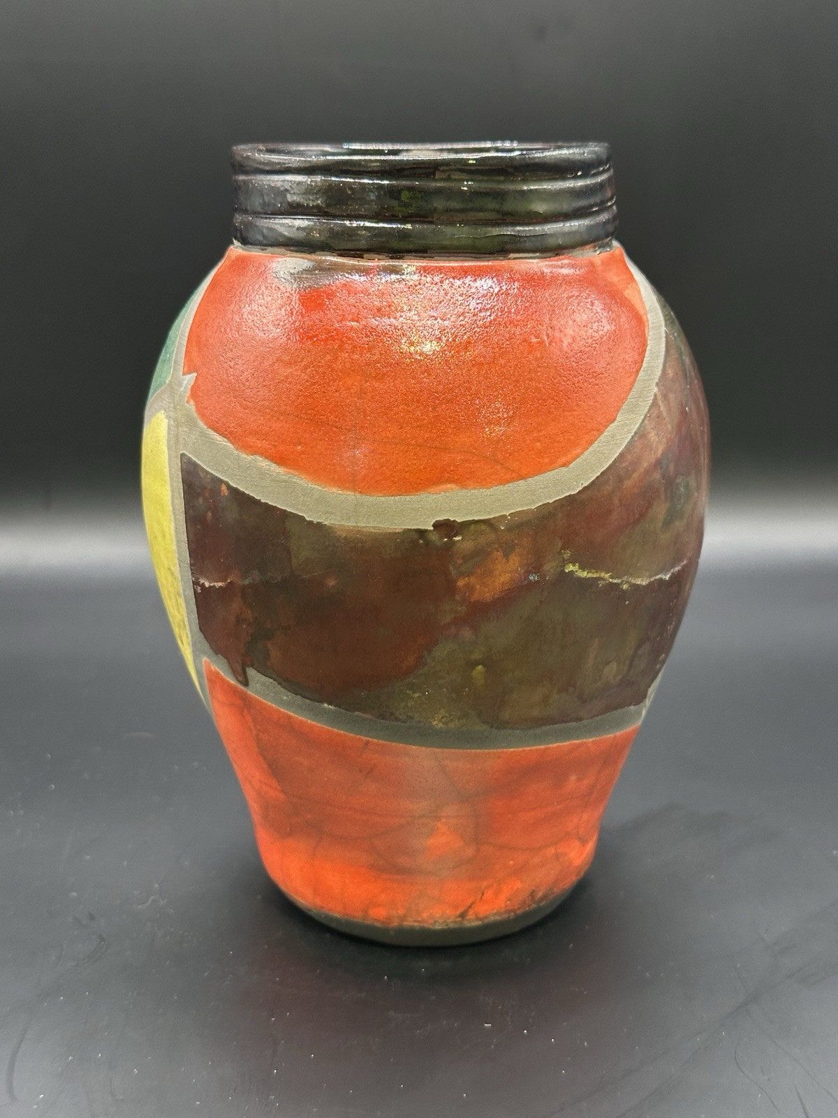 VTG RARE Signed Stamped MJA Stunning Raku Pottery Vase Vibrant Colors Excellent