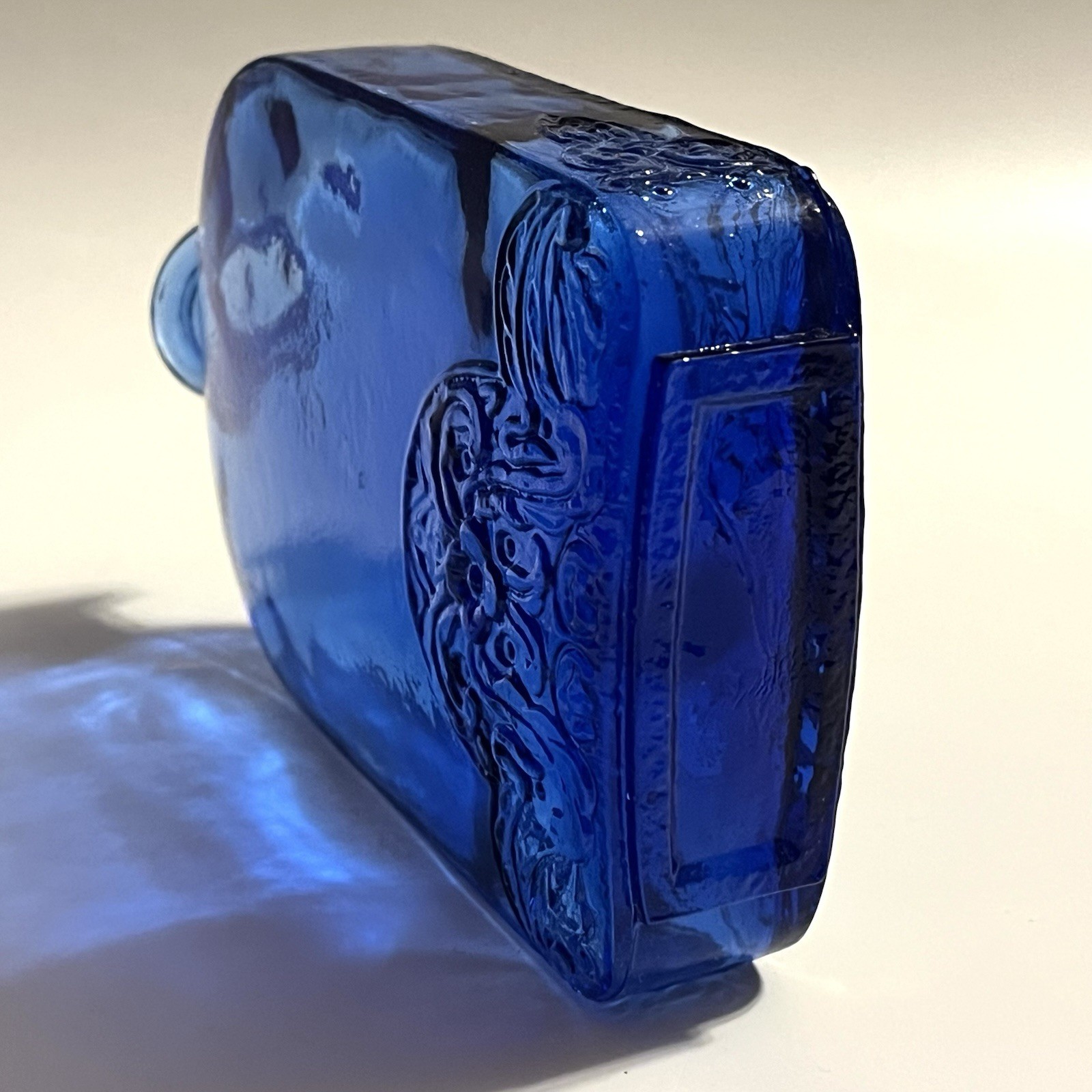 Vidrios de Levante Floral Embossed Cobalt Blue Recycled Glass Bottle SPAIN 5.5”H