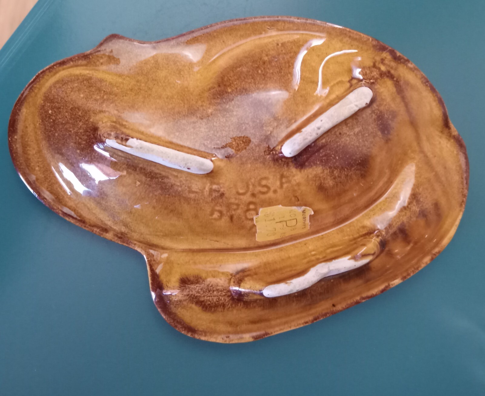 Vintage MCM California Pottery Atomic Ashtray Red Gold Drip Glaze Mid Century
