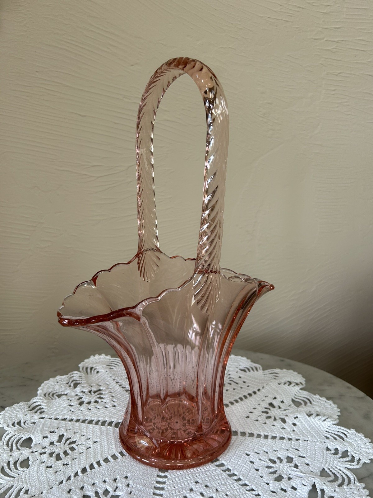 Vintage Westmoreland Large 12-1/2” Tall Pink Basket Vase With Handle