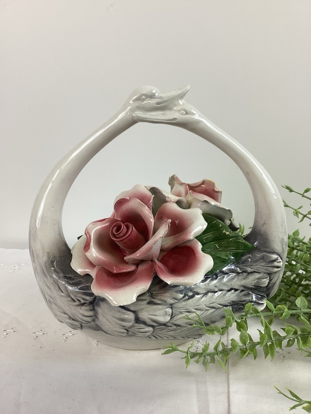 Capodimonte Double Swan with Pink and Yellow Roses from Italy
