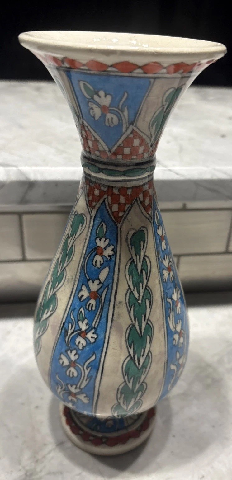 Vintage Iznik Turkish Pottery Vase Hand painted Blue, Green, Red, White 9.75”x4”