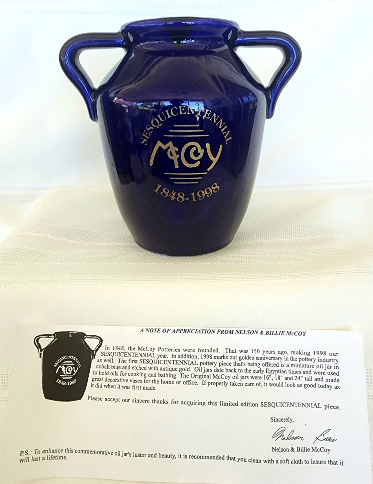 McCoy Pottery Signed 150 Year Anniversary Cobalt & Gold Handled Oil Jar or Vase