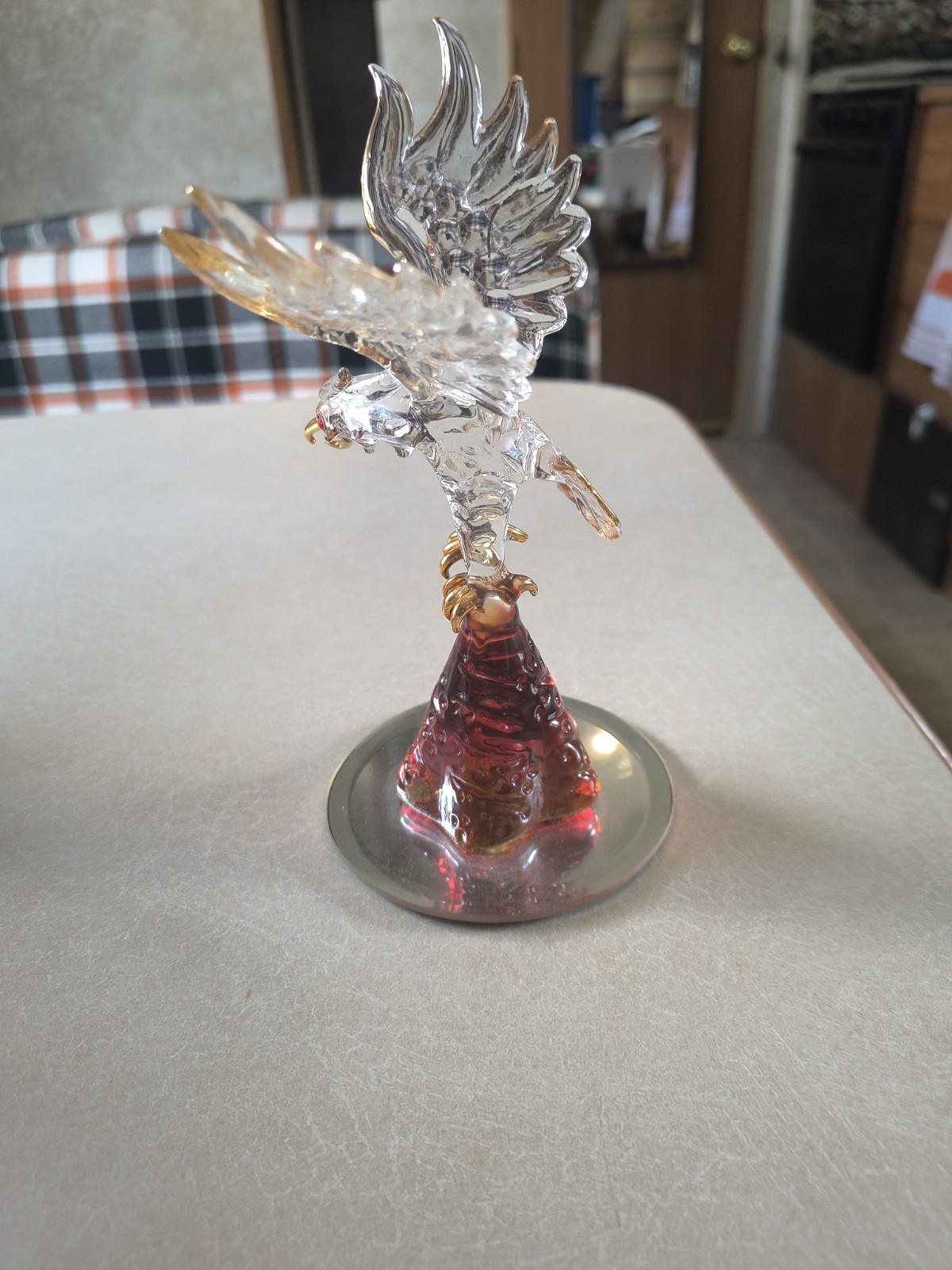 Hand Blown Art Glass Eagle Gold Trim Red Glass Base 6 1/2 Inches