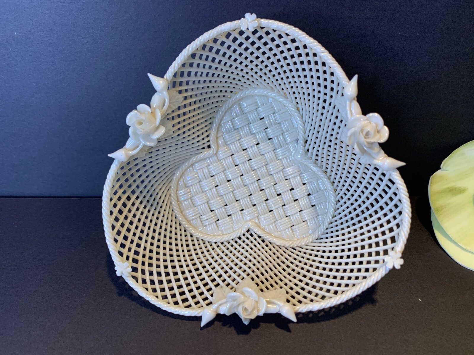 Antique Belleek Shamrock Roses & Buds Weave Basket-3rd Period -1920s – Ireland