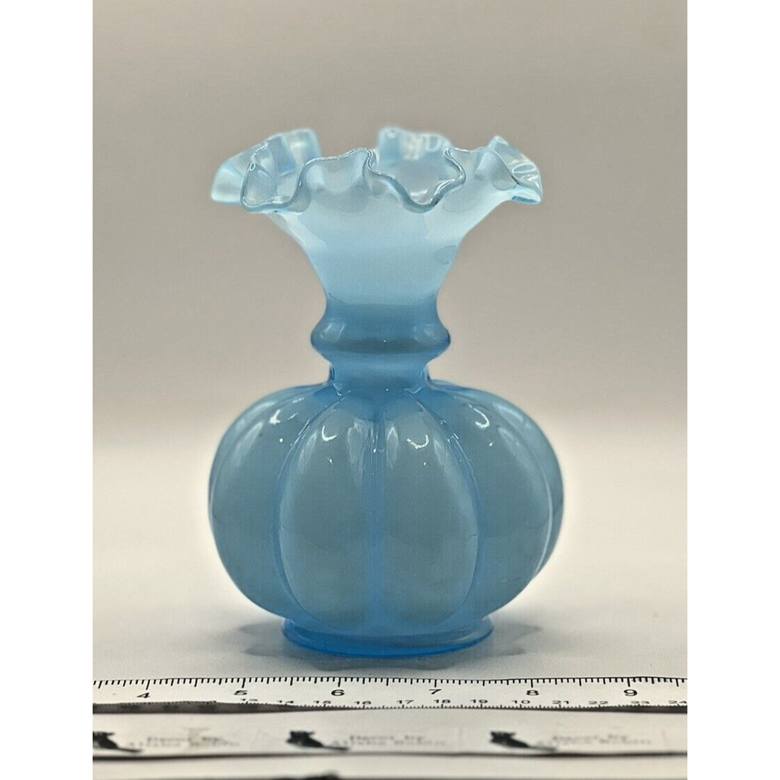 Fenton Light Aqua Blue Opaline Melon Bud Vase Ruffled Edge Vintage 6”