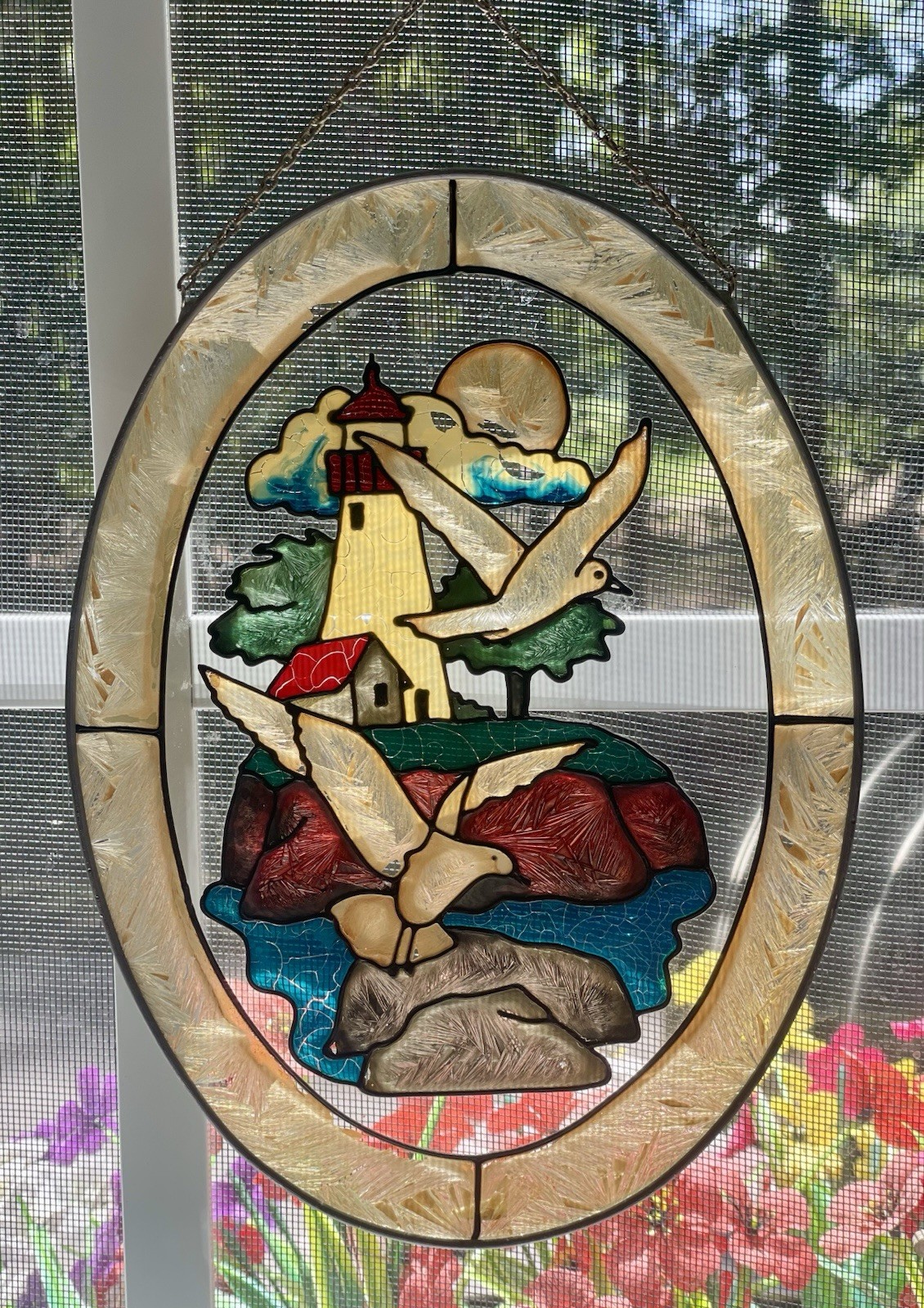 Vintage Joan Baker Designs Lighthouse & Seagulls Faux Stained Glass Hanging